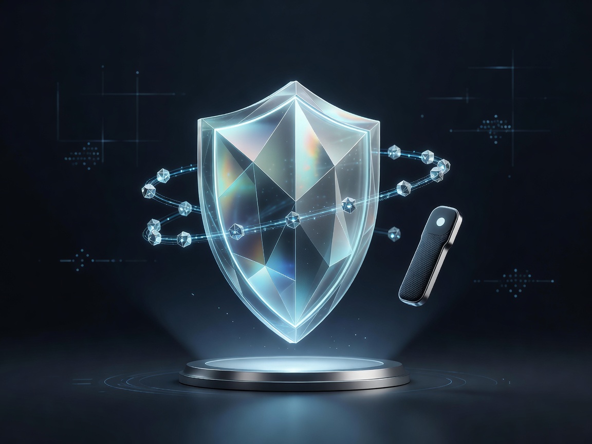 3D rendering of zero-knowledge cryptographic shield and passwordless key authentication interface