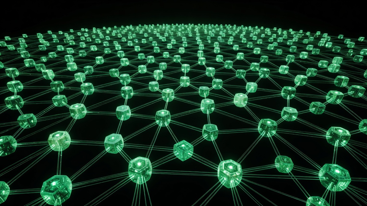 3D visualization of cryptographic zero-knowledge proof mesh network with emerald glow