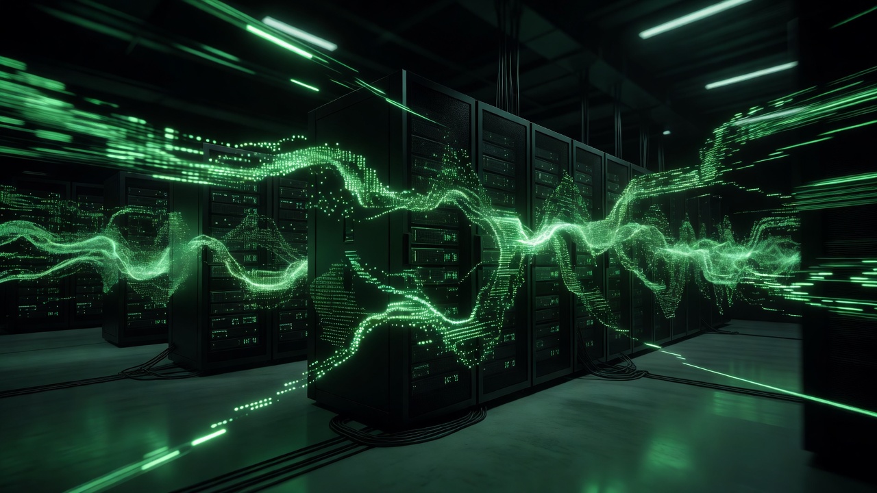 High speed dark futuristic emerald glowing data telemetry visualization showing server operations