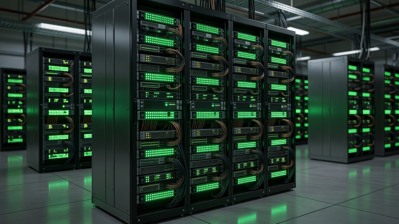 Supercomputer data center server rack showing emerald telemetry status indicators for AuraDB Vector Engine